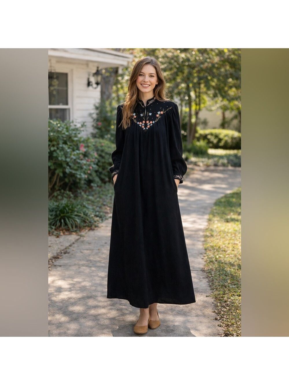Vintage Vanity Fair Velvet Black Embroidered Floral Dress Large